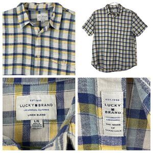 Lucky Brand Linen Blend Short Sleeve‎ Plaid Button Down Shirt Large